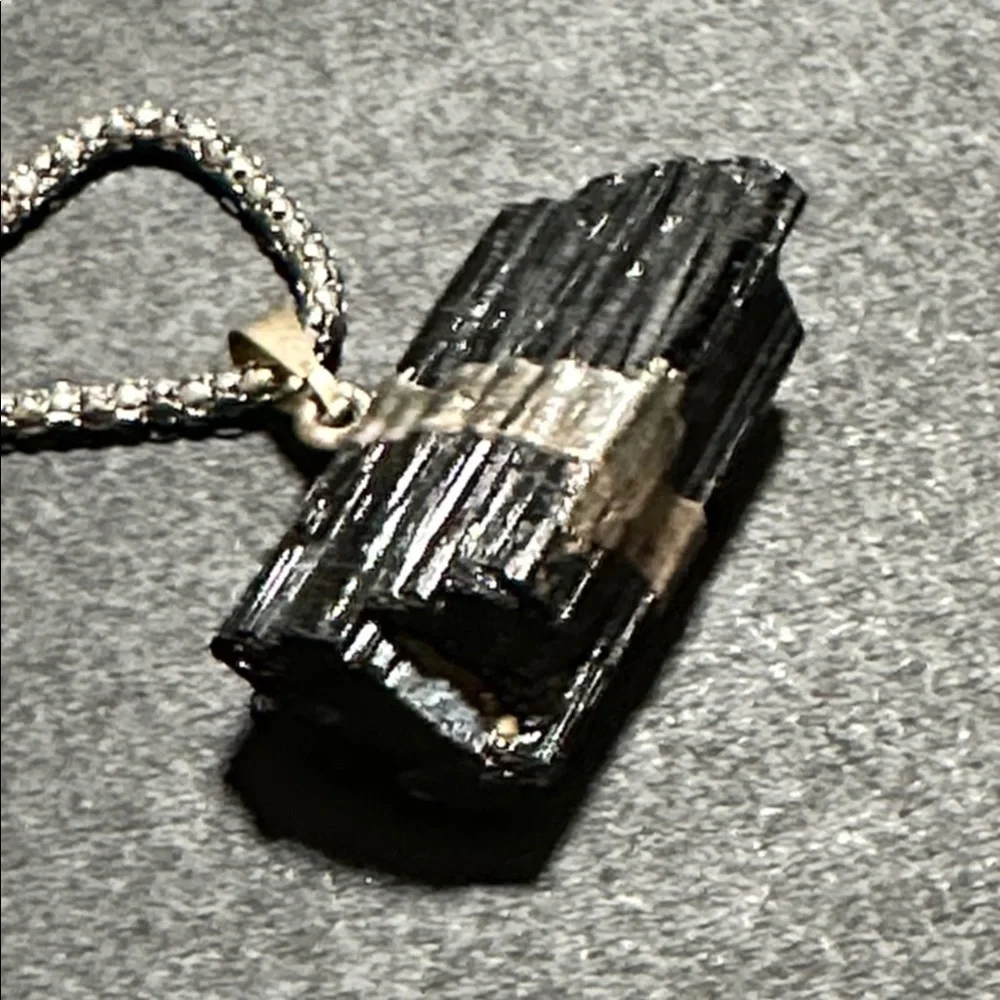 Raw Black Tourmaline Horizontal Pendant Necklace